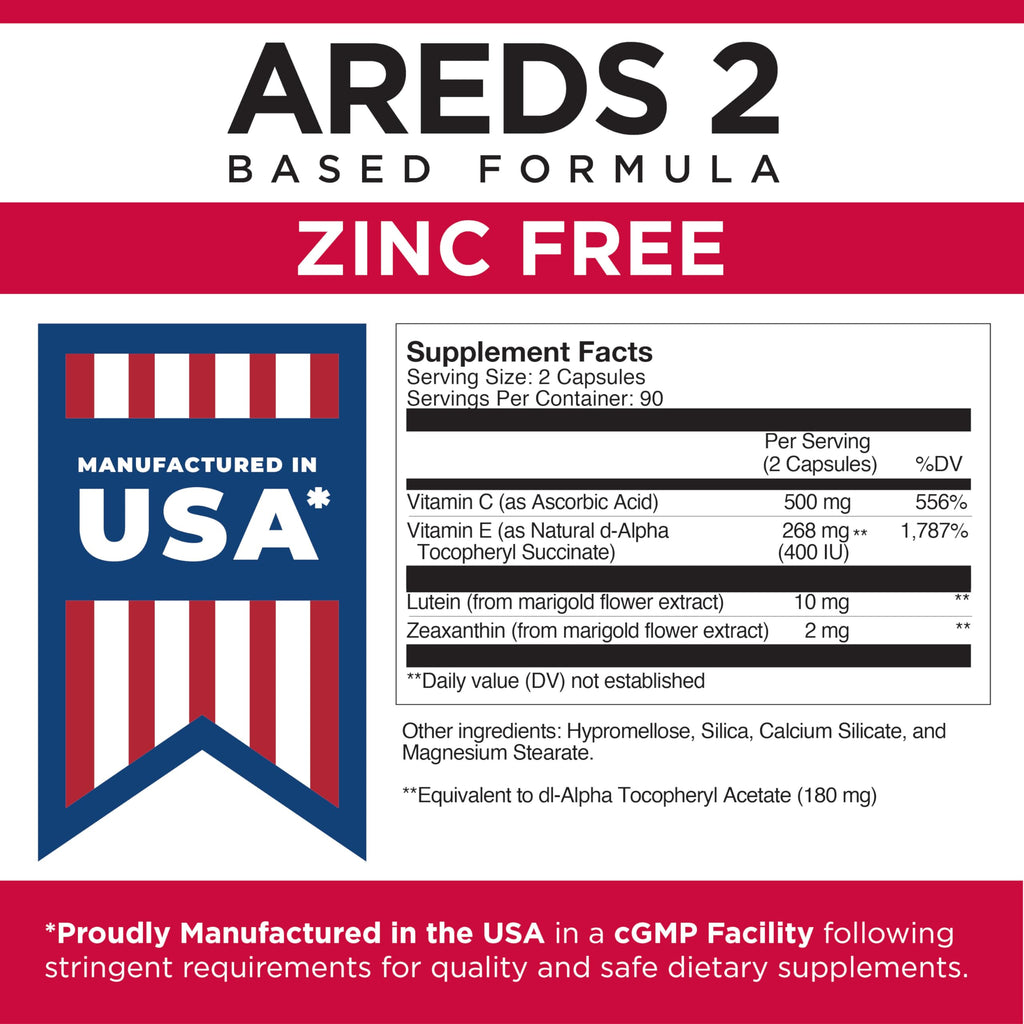 Viteyes AREDS 2 Zinc Free Macular Support, Natural Allergen Free Capsules with Vitamin E, Vitamin C, Lutein & Zeaxanthin, No Zinc, No Copper, Eye Doctor Trusted, Manufactured in The USA, 180 Ct