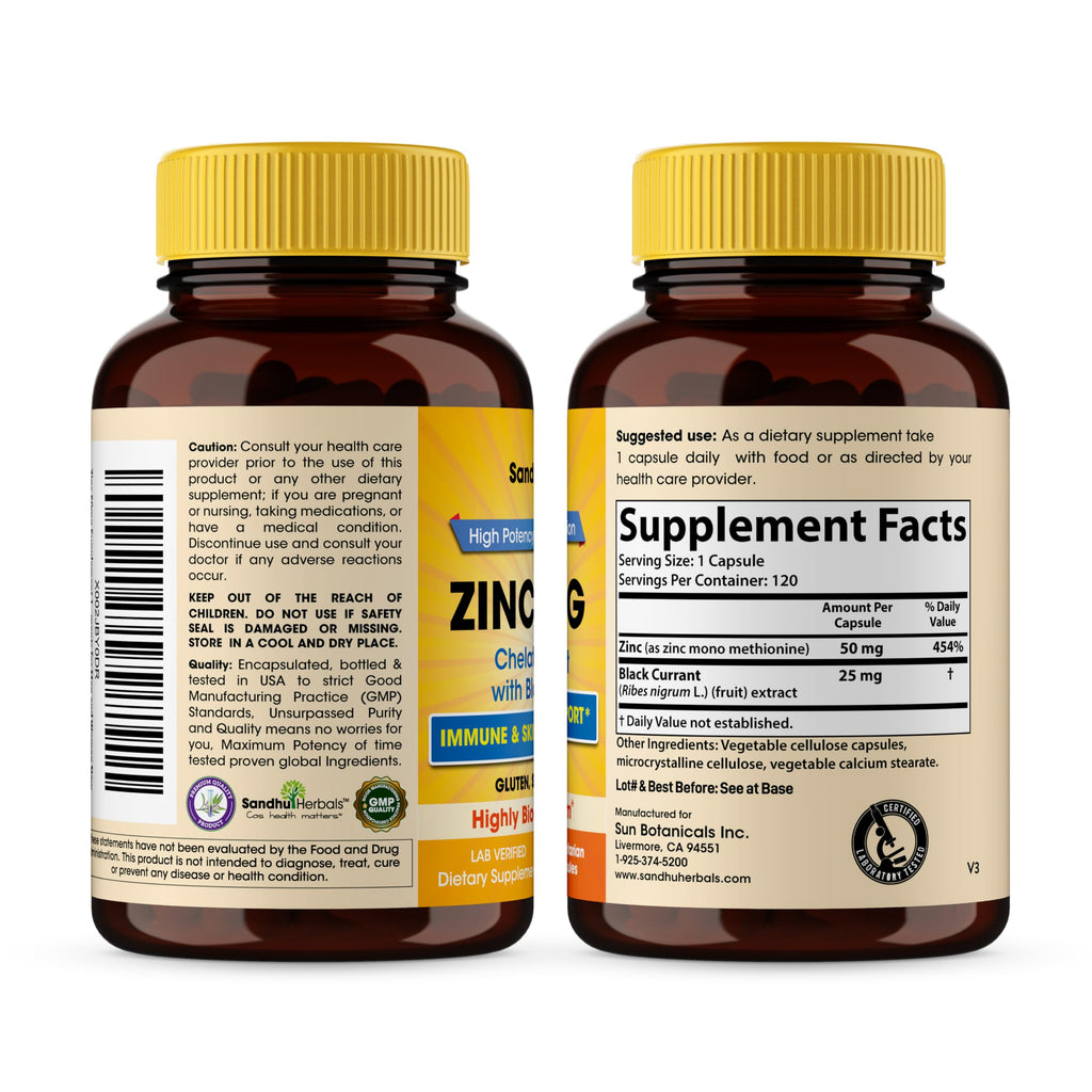 Zinc 50mg Capsules for Men and Women, 120 Count | Highly Absorbable Zinc Supplements for Immune System Support | Zink 50 mg Mono Methionine Chelated Complex |Helps with Skin Health & Overall Immunity