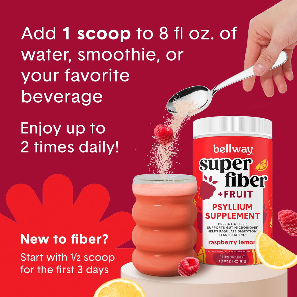 Bellway Super Fiber Powder + Fruit, Sugar Free Organic Psyllium Husk Powder Fiber Supplement for Regularity, Bloating Relief & Digestive Health, Plant-Based, Raspberry Lemon (50 Servings)