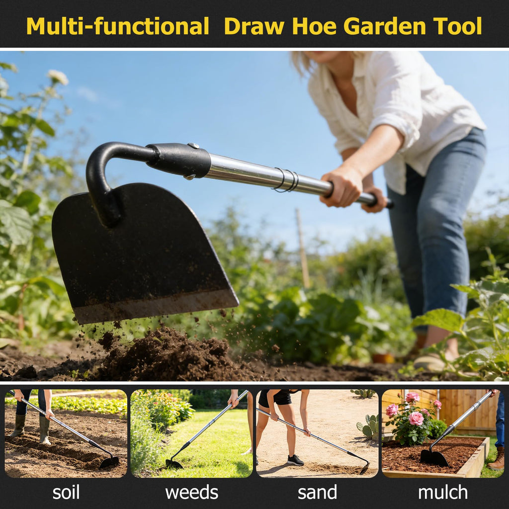 Draw Hoe Garden Tool, Heavy Duty Garden Hoes for Weeding Stainless Steel Long Handle, Easy Stand Up Scraping Weeder Tool for Garden, 63inch Adjustable Weed Hoe with 7-inch Wide Welded Blade