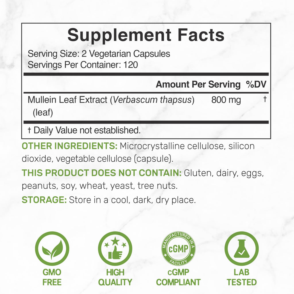 DEAL SUPPLEMENT Mullein Leaf Extract 240 Veggie Capsules – 4 Month Supply – Non-GMO, Vegan