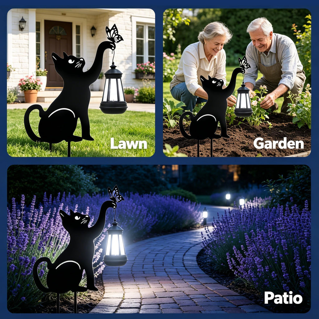 Black Cat Solar Lights Outdoor - Cat Lover Gifts for Mom Woman Grandma,Garden Decor with Butterfly Decorative Metal Stake Housewarming Ornament for Yard Pathway Lawn Patio