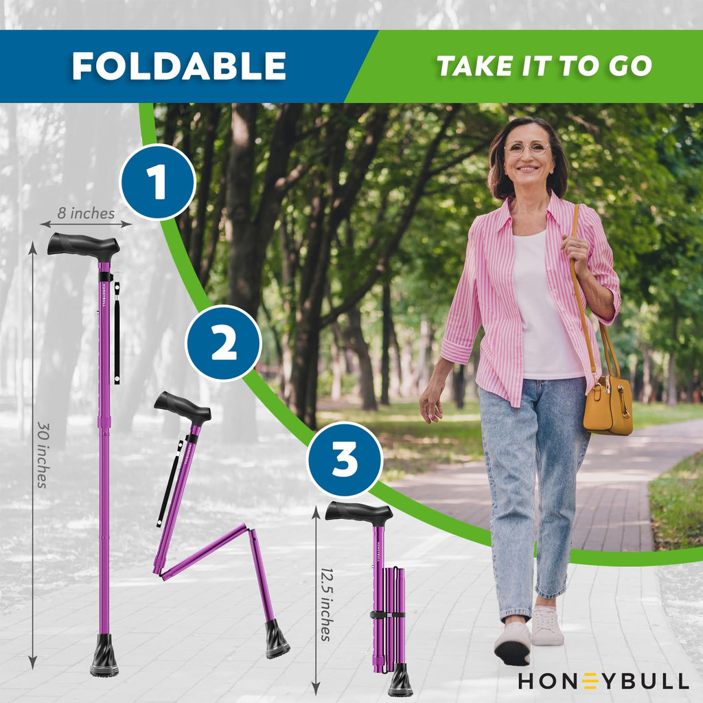 HONEYBULL Walking Cane for Men & Women – Foldable, Adjustable, Lightweight Cane with Air Cushion Tip for Stability & Ergonomic Grip, Heavy Duty Walking Sticks for Seniors (Purple)