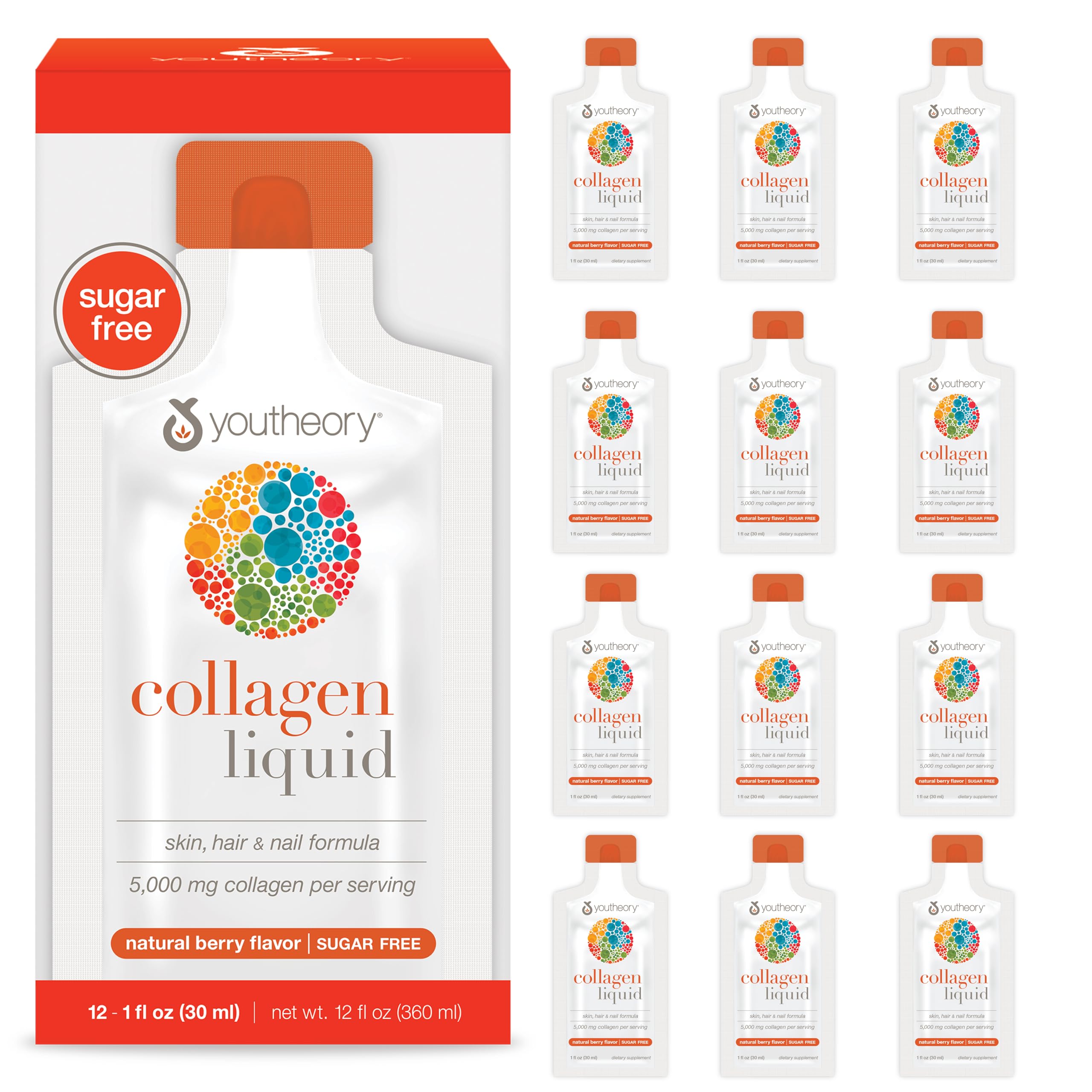 Youtheory Collagen Liquid - 5,000 mg Hydrolyzed Collagen Peptides - Supports Hair, Nail, Joint & Bone Health* - Berry Flavor - 1 oz Single Serve Packet, Pack of 12