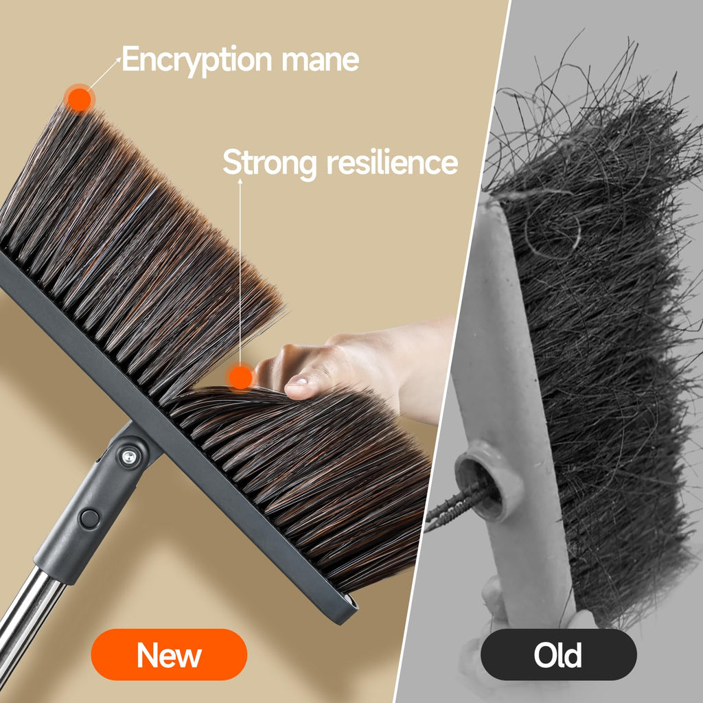 CTIME Broom and Dustpan Set, Extra Brush Head & 52" Adjustable Long Handle Standing Dustpan Set, with Dust Pan Teeth to Clean Pet Hair, Easy Sweeping Suitable for Home Kitchen Office Lobby