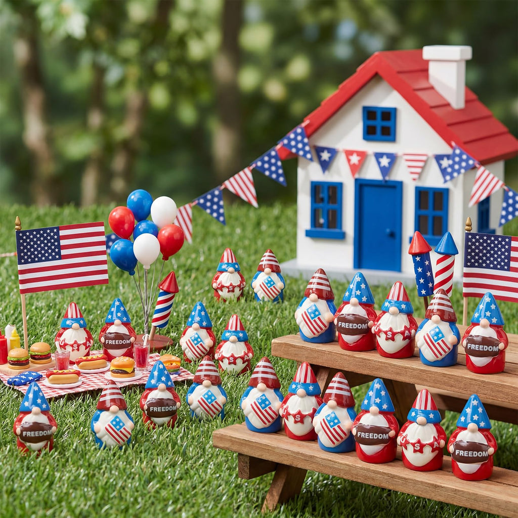 Geelin 60 Pcs Patriotic Gnomes Figurines Mini Red White Blue Gnomes Resin Ornament, Tiny Gnome Table Centerpieces Decorations for 250th Anniversary Independence Day Decor USA Party Favors