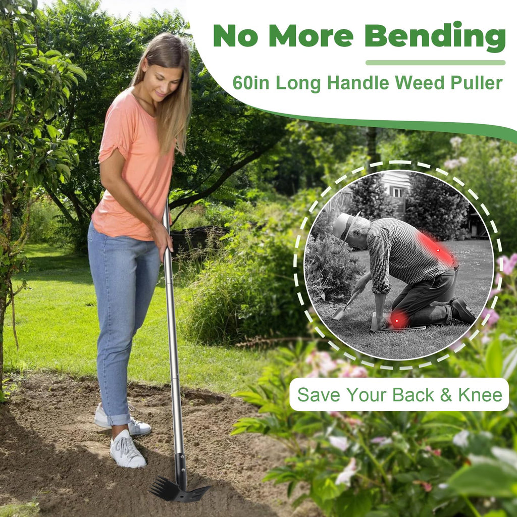 2 in 1 Weed Puller Tool with 60" Long Handle for Yard, Lawn, Patio, Garden