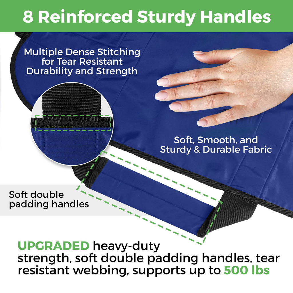 Positioning Bed Pad with 8 Reinforced Padded Handles - Washable Transfer Sheet for Lifting & Repositioning - Quick-Dry Patient Slide Blanket for Caregiver, Bedridden, Elderly - 48" x 40", Blue Ver 2