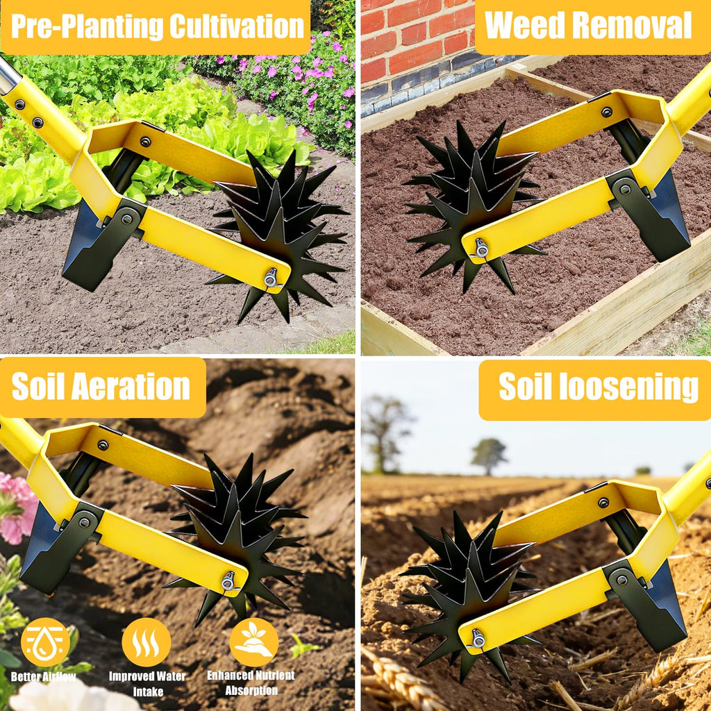 2-in-1 Garden Rotary Cultivator Tool Adjustable Handle Lawn Tools Hand Rotary Tiller for Loosening Soil and Lawn Care, Reseeding Grass, Weeder, Soil Mixing, Manual Yard Tiller