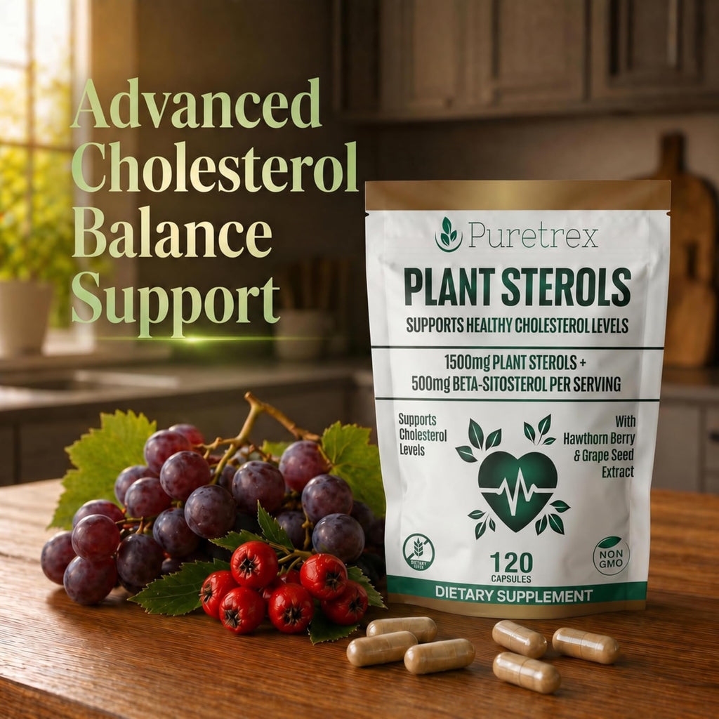 PURETREX Plant Sterols Complex with Beta-Sitosterol, CoQ10, Hawthorn Berry & Grape Seed Extract, 120 Vegan Capsules, Cardiovascular Wellness & Cholesterol Balance Daily Support, Non-GMO, UK Made