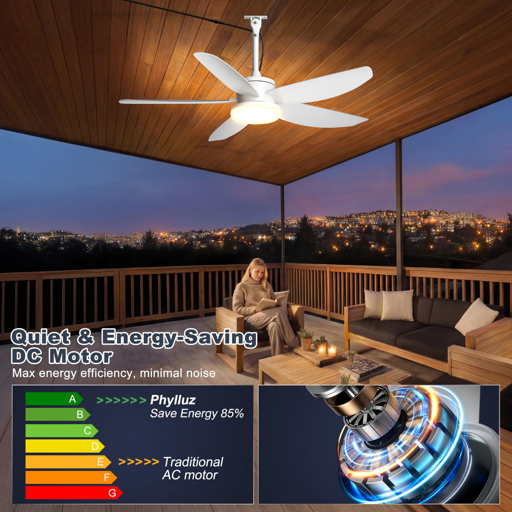 Phylluz Outdoor Ceiling Fan with Lights, 48 Inch Plug in Gazebo Fans with Remote APP Control, Quiet DC Motor, Dimmable 3CCT, Waterproof Hanging Fans for Covered Patios, Porch, White