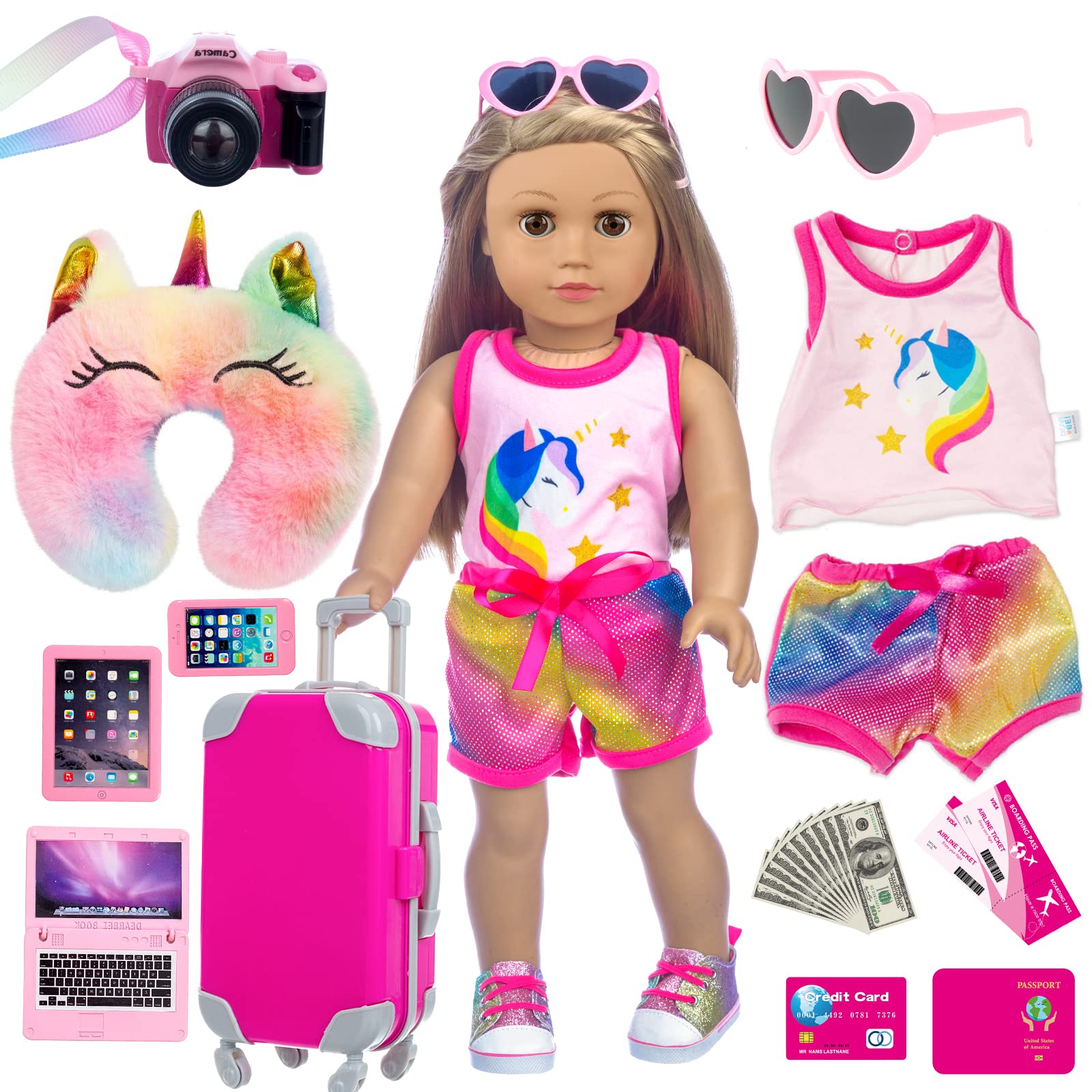 XFEYUE 23 Pcs American 18 inch Doll Clothes and Accessories - Suitcase Luggage , Pillow, Sunglasses, Camera, Passport, Mobile Phone , Computer Doll Travel Gear Play Set (No Doll)