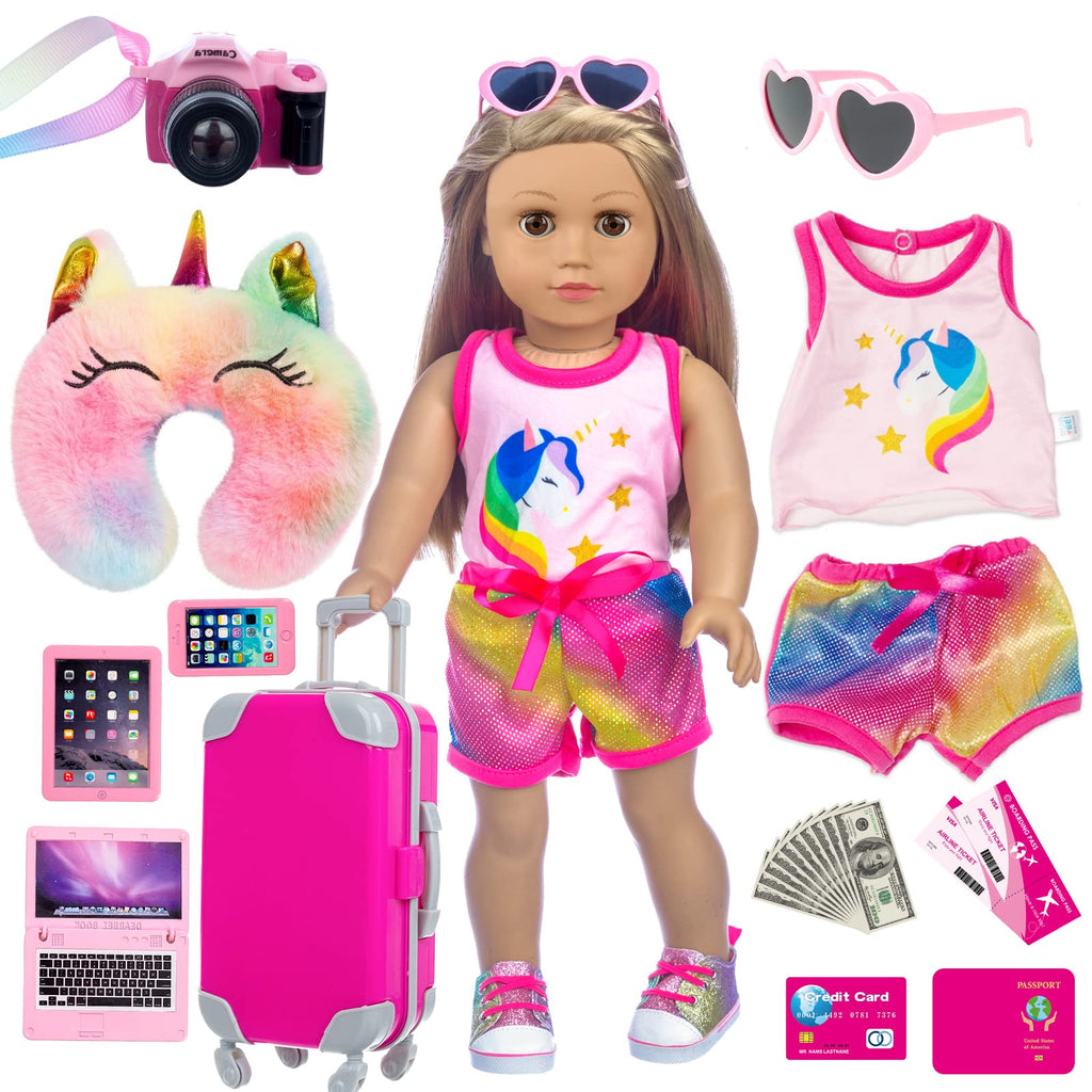 XFEYUE 23 Pcs American 18 inch Doll Clothes and Accessories - Suitcase Luggage , Pillow, Sunglasses, Camera, Passport, Mobile Phone , Computer Doll Travel Gear Play Set (No Doll)