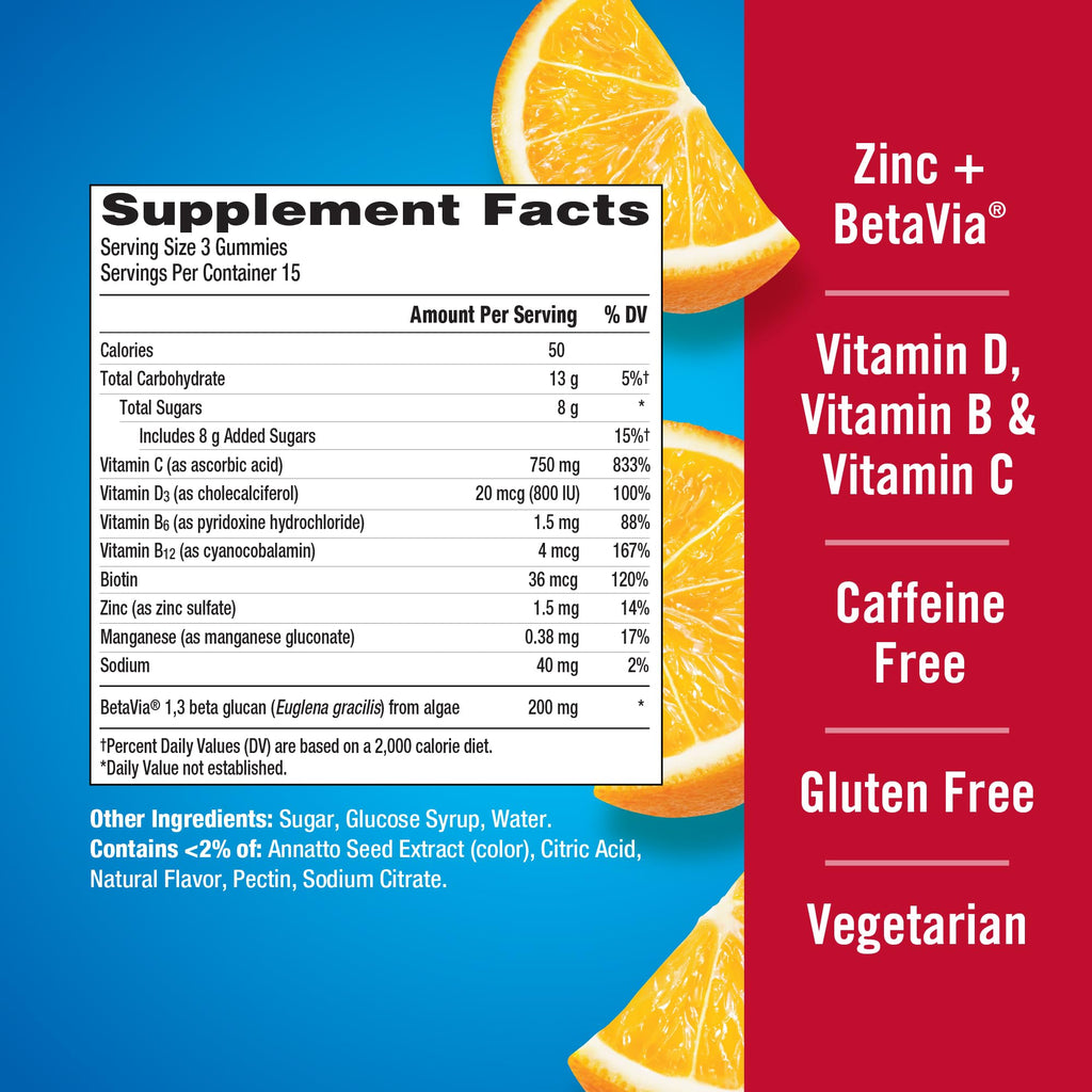 Emergen-C Immune+ Triple Action Immune Support Gummies, BetaVia (R), 1000mg Vitamin C, B Vitamins, Vitamin D and Antioxidants, Super Orange, Back to School Essentials - 45 Count