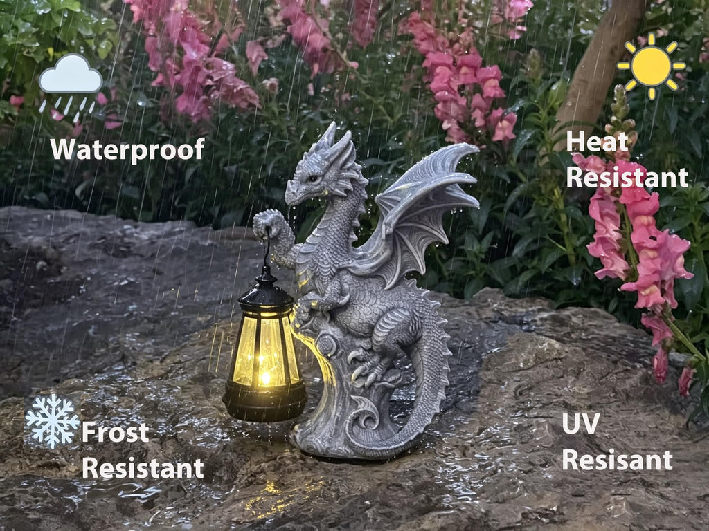 JORAE Dragon Statue with Solar Lantern Outdoor Figurine Home Decor 9.5" H