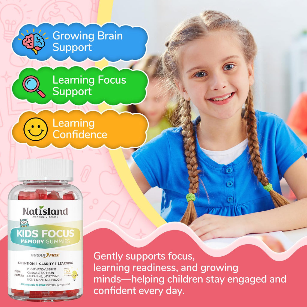 NATISLAND Focus Gummies for Kids, Brain Supplements with Phosphatidylserine, Omega-3 & Saffron, for Kids Memory, Focus & Attention Support, Sugar Free, Vegan, Strawberry Flavor, 60 Chewable