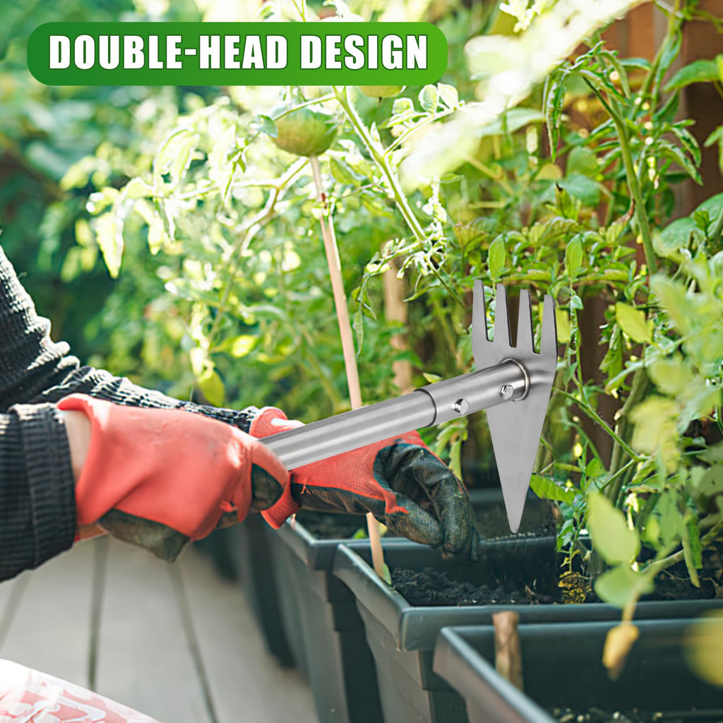 BARAYSTUS Hoe Garden Tool, 2-in-1 Garden Hoe & Weed Rake, 29.5"-57.7" Adjustable Long Handle, Stainless Steel Cultivator for Weeding, Digging, Loosening Soil, Planting & Root Removal