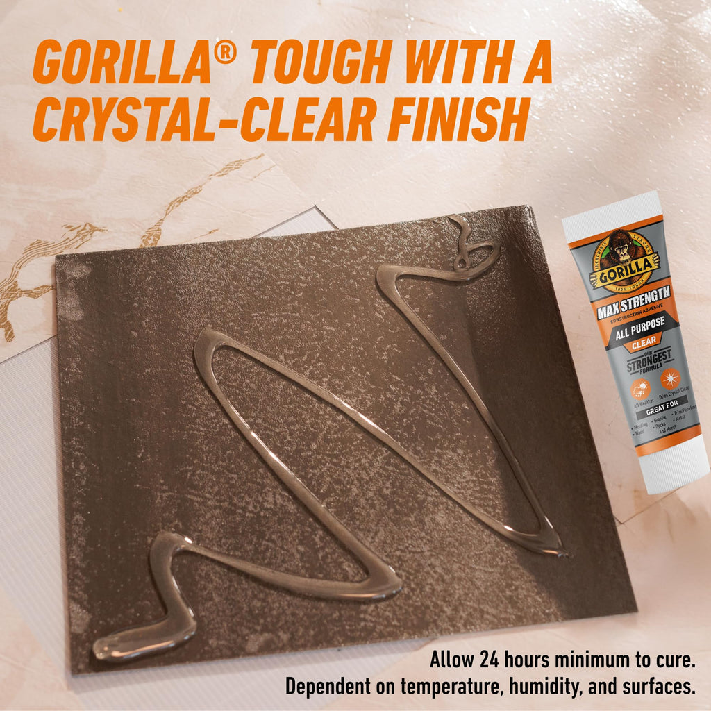 Gorilla Max Strength Construction Adhesive; Clear Glue; 7 Ounce Squeeze Tube (Pack of 1) - Gap Filling and Waterproof
