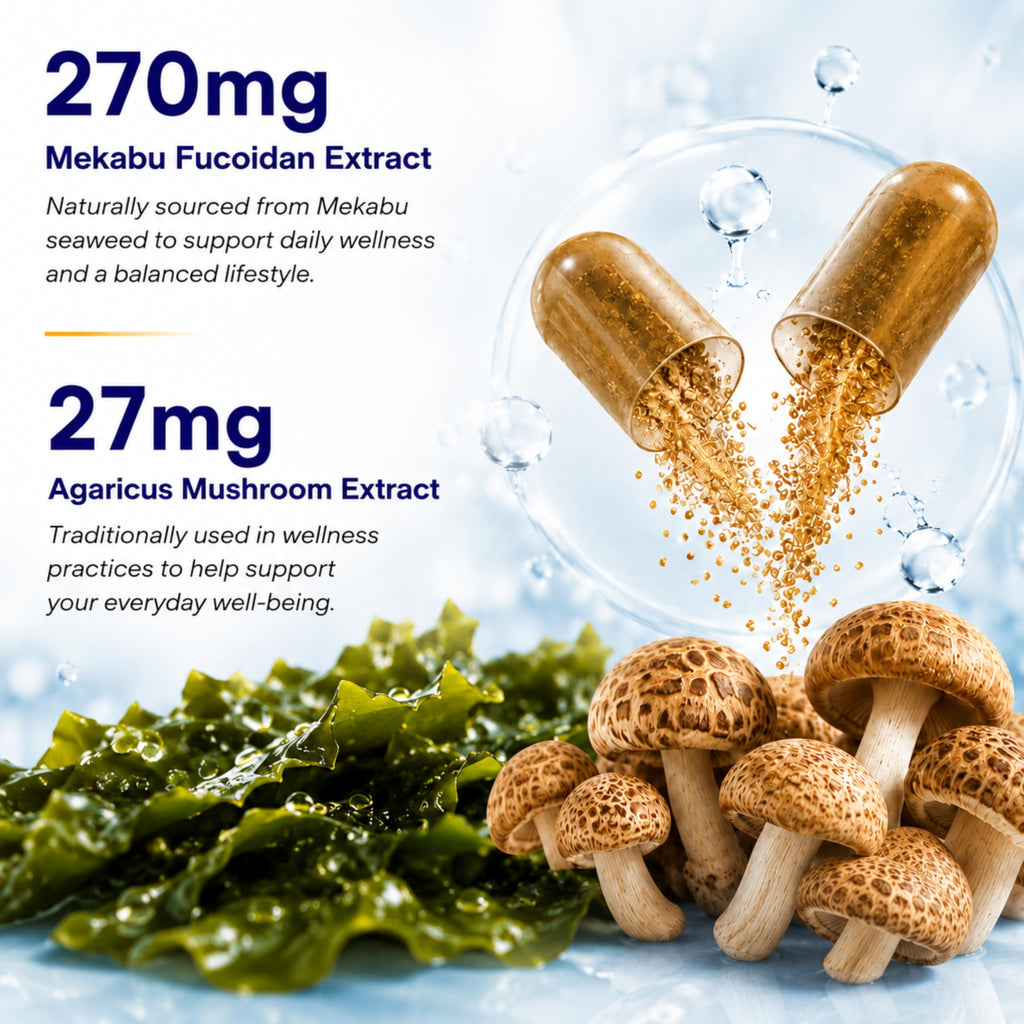 FINE JAPAN Fucoidan Capsules with Mekabu Seaweed & Agaricus Mushroom - 30 Capsules - Immune Support Supplement - Made in Japan - GMP, ISO9001 Certified