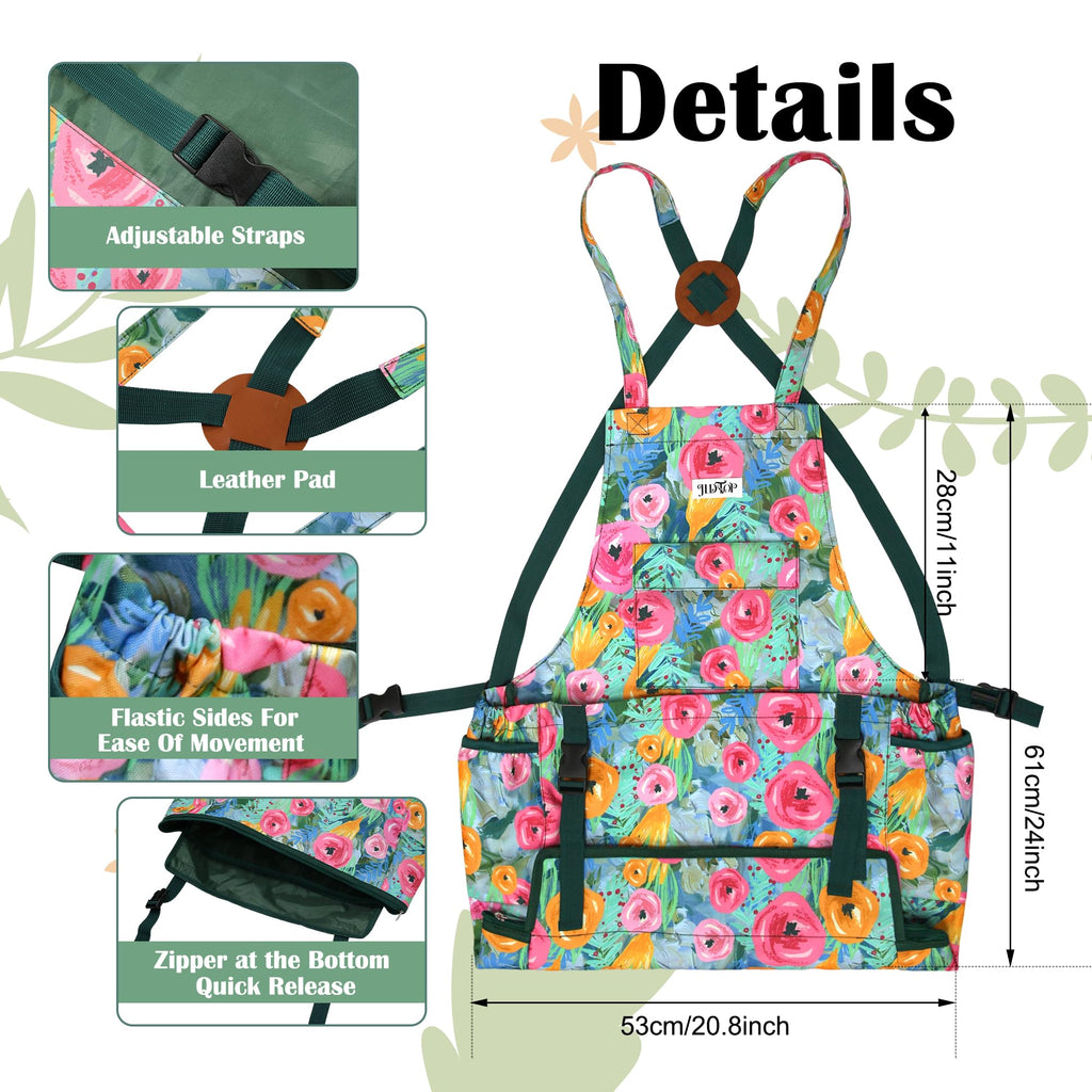 JLDTOP Garden Harvest Apron for Women, Fruit Picking Apron with Quick Release Bottom, Adjustable Cross Back Tool Apron with Pockets, Gardening Gift for Plant Lovers & Gardeners (Green Floral)