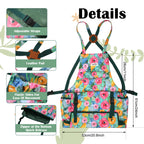 JLDTOP Garden Harvest Apron for Women, Fruit Picking Apron with Quick Release Bottom, Adjustable Cross Back Tool Apron with Pockets, Gardening Gift for Plant Lovers & Gardeners (Green Floral)