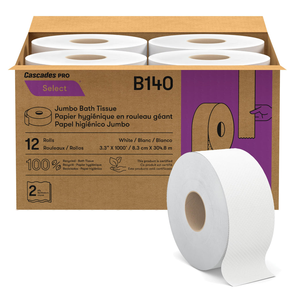Cascades PRO Select Jumbo Roll Premium Bath Tissue 2-Ply - Suitable for universal dispensers -Toilet Paper is Septic Tank Safe, Certified, Recycled - 1000' length/Roll, 12 Rolls/Box - B140 - White