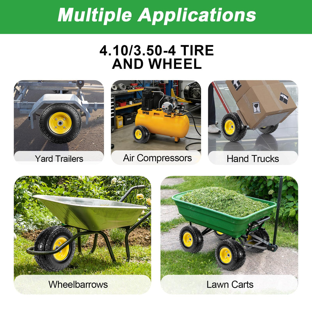 LTNICER 10" Solid Rubber Tires and Yellow Wheels 4.10/3.50-4 (10 x 3.5) Flat Free Tire with 5/8" Bearings,Heavy-Duty Replacement Tire For Gorilla Carts,Wagon,Wheelbarrow,Garden cart(2 Pack)