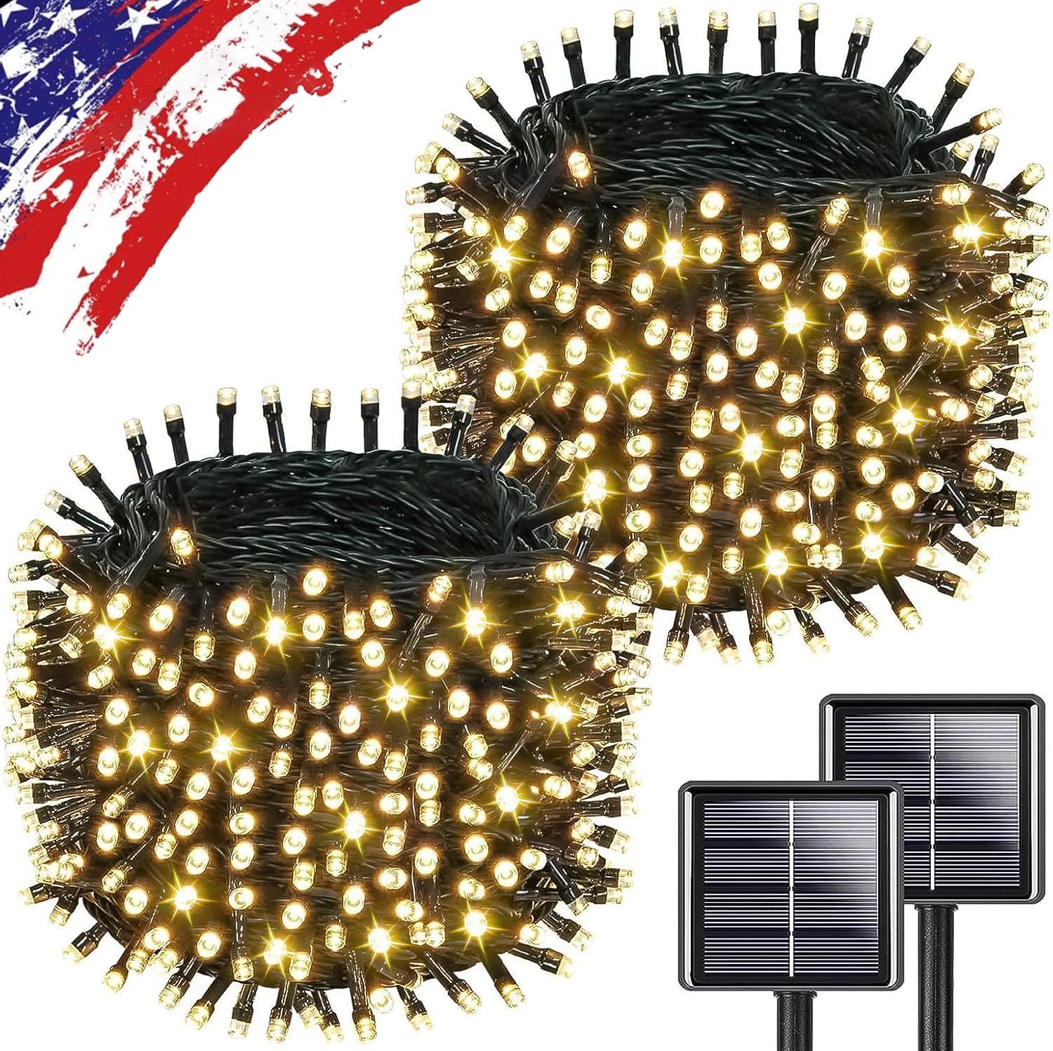 KAQ Solar String Lights Outdoor 2Pack 500LED 180FT Waterproof Warm White