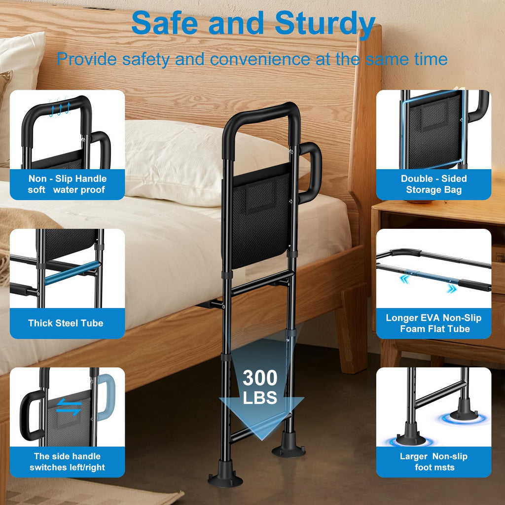 JOYCUDDLE Bed Rails for Elderly Adults Safety - Height Adjustable Bed Assist Rail for Seniors, Stable Bedside Handle with Non-Slip Grip & Pocket, Fits King Queen Full Twin Bed (Black)