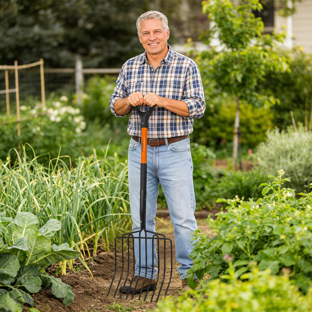 VNIMTI Pitch Fork for Gardening, 10 Tines Wide Pitch Fork with Fiberglass Handle, Heavy Duty Pitch Fork for Bedding, 45 Inches