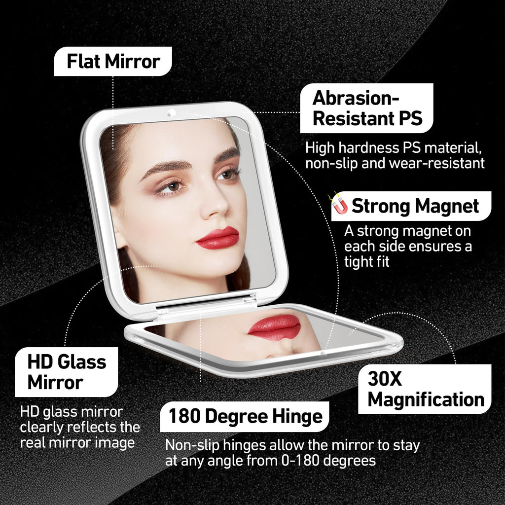 PIMPLEGO Compact 30X Magnifying Square Travel Mirror, 3.3x3.3 Inch Small Pocket, 2-Sided Women's Magnetic Portable With Precision Tweezers, Black