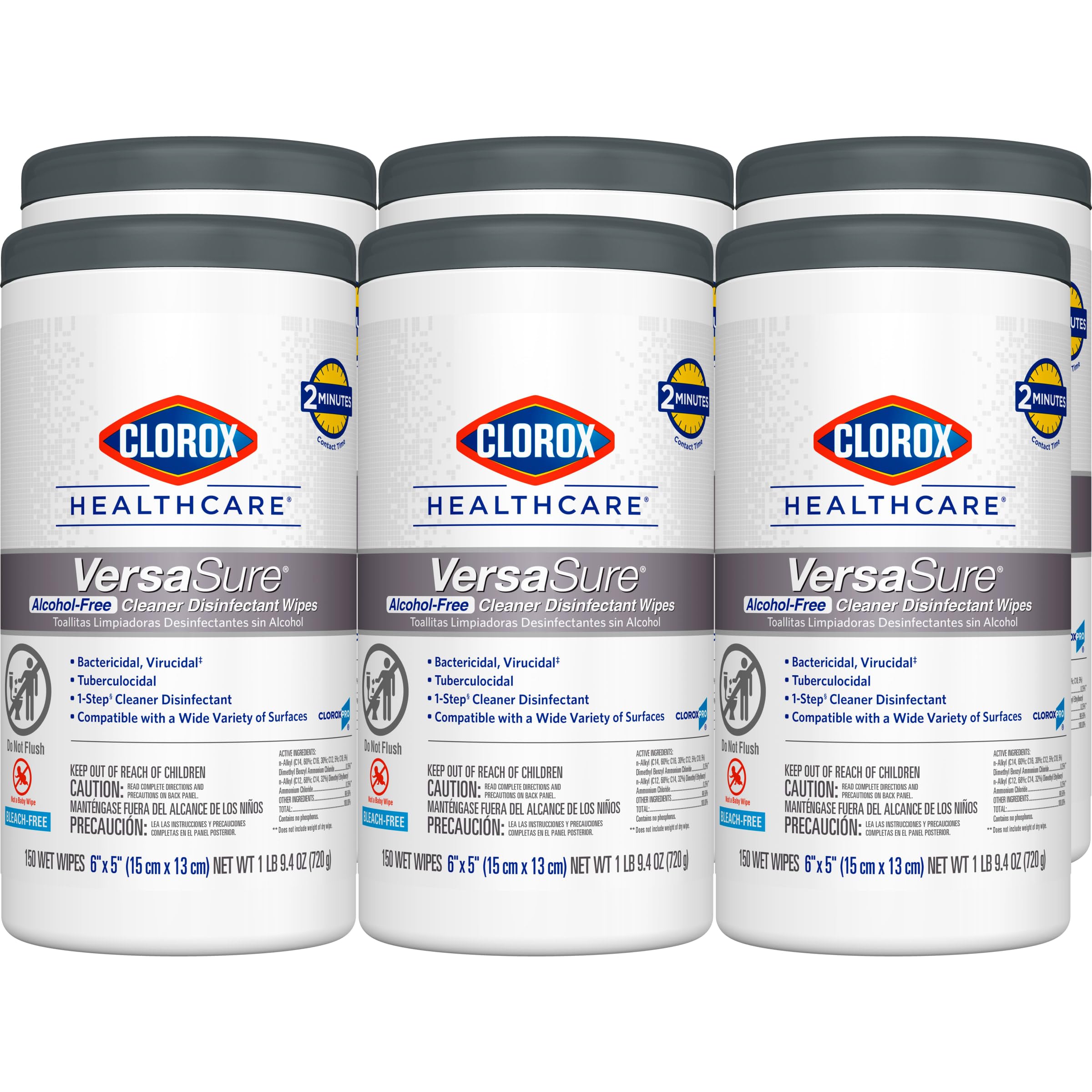Clorox Healthcare VersaSure Cleaner Disinfectant Wipes, 6" x 5", 150 Count Canister, Pack of 6 (Package May Vary)