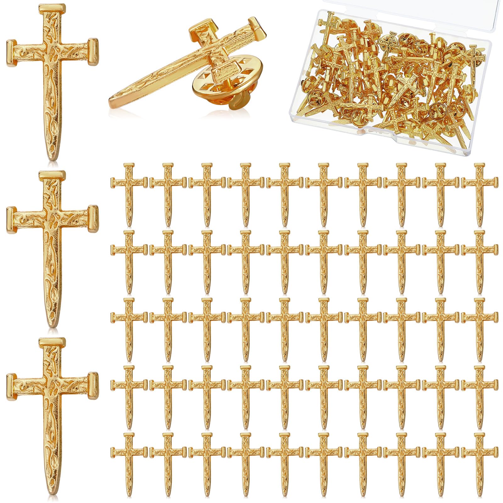 Yinkin 50 Pcs Cross Pins Bulk Jesus Lapel Pins Christian Memorial Gift for Men Women Chaplain Church Prayer (Gold,Retro Style)