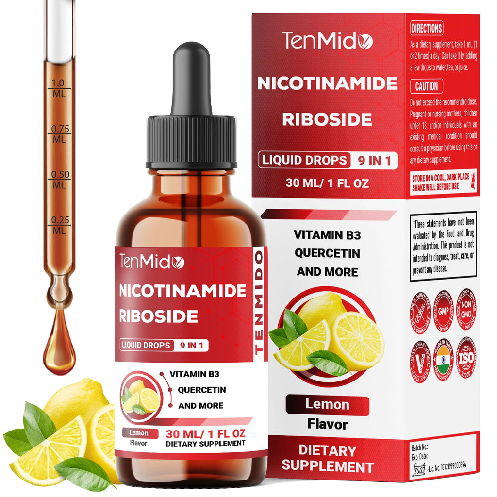 Tenmido NAD+ Supplement Liquid Drops - 9in1 with Nicotinamide Riboside, Resveratrol, Quercetin, TMG Trimethylglycine, Fisetin, Co Q10, PQQ, and Black Pepper - 30ml 1 Fl Oz