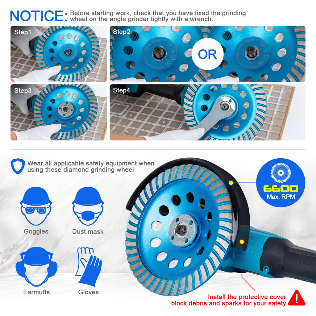SWIGRANCE Diamond Concrete Grinding Cup Wheels 180mm 7" Turbo Row Segment, Fits 7/8" Arbor, Shaping Polishing Cleaning Concrete Masonry Marble Granite Brick
