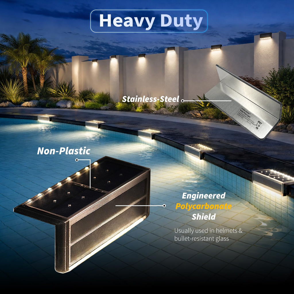 SHONELIGHTING Solar Pool Lights, Poolside Lights for Inground Pool, Ultra-Thin 2-Way LEDs for Edge & Deck, Heavy Duty Stainless Steel Outdoor Waterproof for Swimming (Warm White, 6PK)