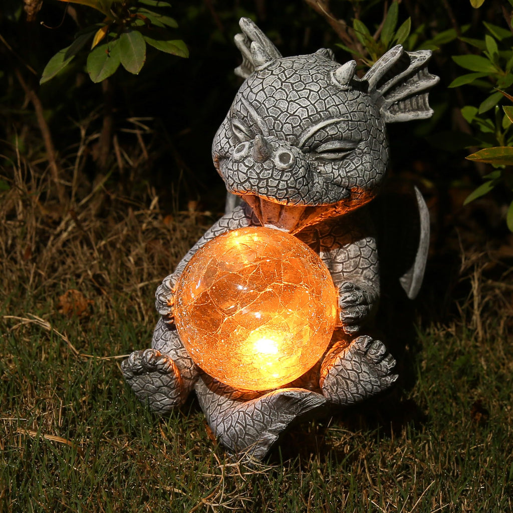Jy.Cozy Garden Dragon Statue Solar Powered Outdoor Figurine Light Decor Cute and Hold Glowing Glass Ball Resin Sculpture Home Decoration for Porch Patio Lawn Farm Yard Housewarming Ornament Gift
