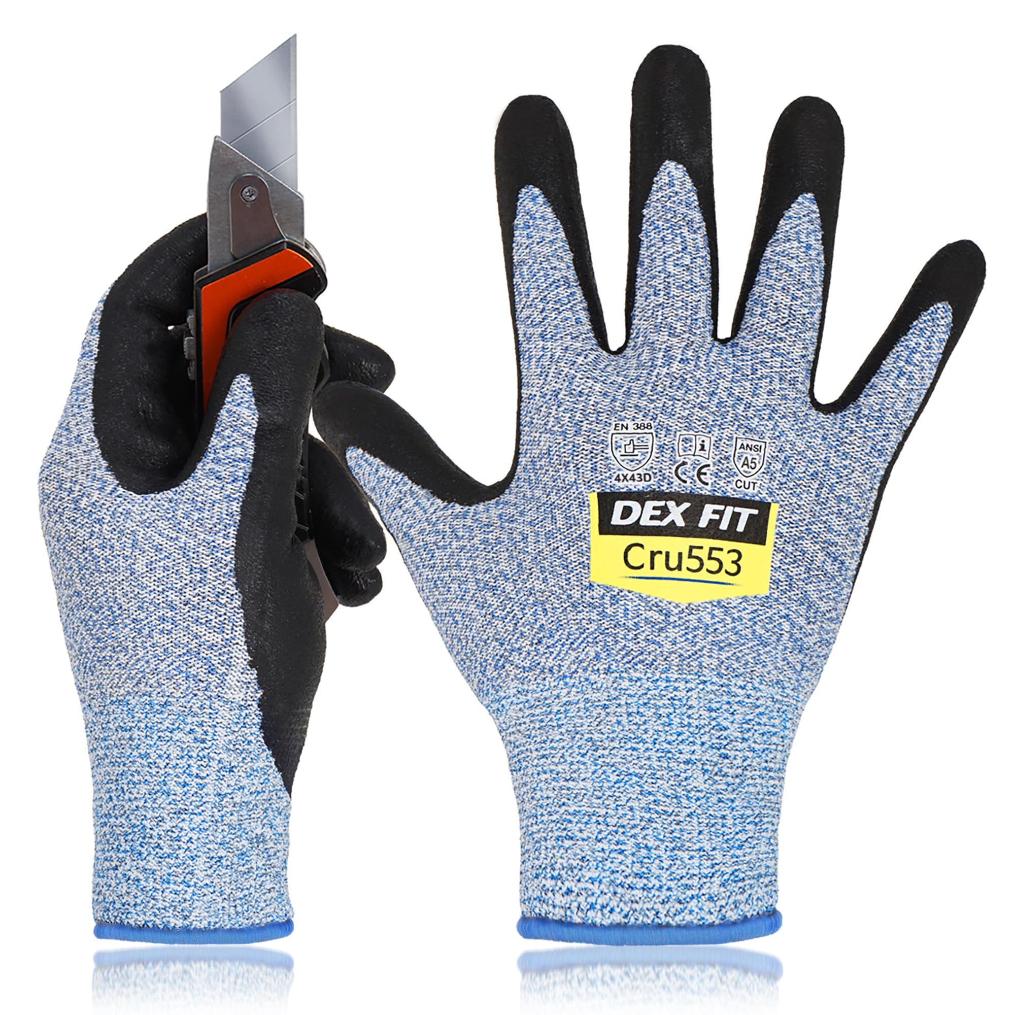DEX FIT Level 5 Cut Resistant Gloves Cru553, 3D-Comfort Stretchy Fit, Power Grip, Professional Grade, Thin, Touch-Screen Compatible, Durable, Machine Washable; Blue XS (6) 1 Pair