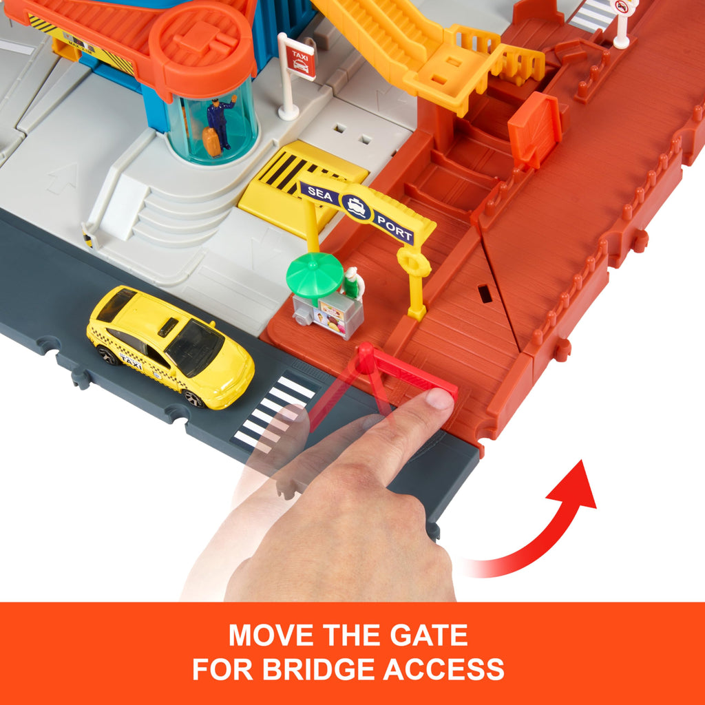 Matchbox Toy Vehicles & Playset, Transportation Center with 5 Levels, Kid- & Car-Activated Features, 1:64 Scale Taxi, Boat & Helicopter & Food Vendor