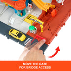 Matchbox Toy Vehicles & Playset, Transportation Center with 5 Levels, Kid- & Car-Activated Features, 1:64 Scale Taxi, Boat & Helicopter & Food Vendor