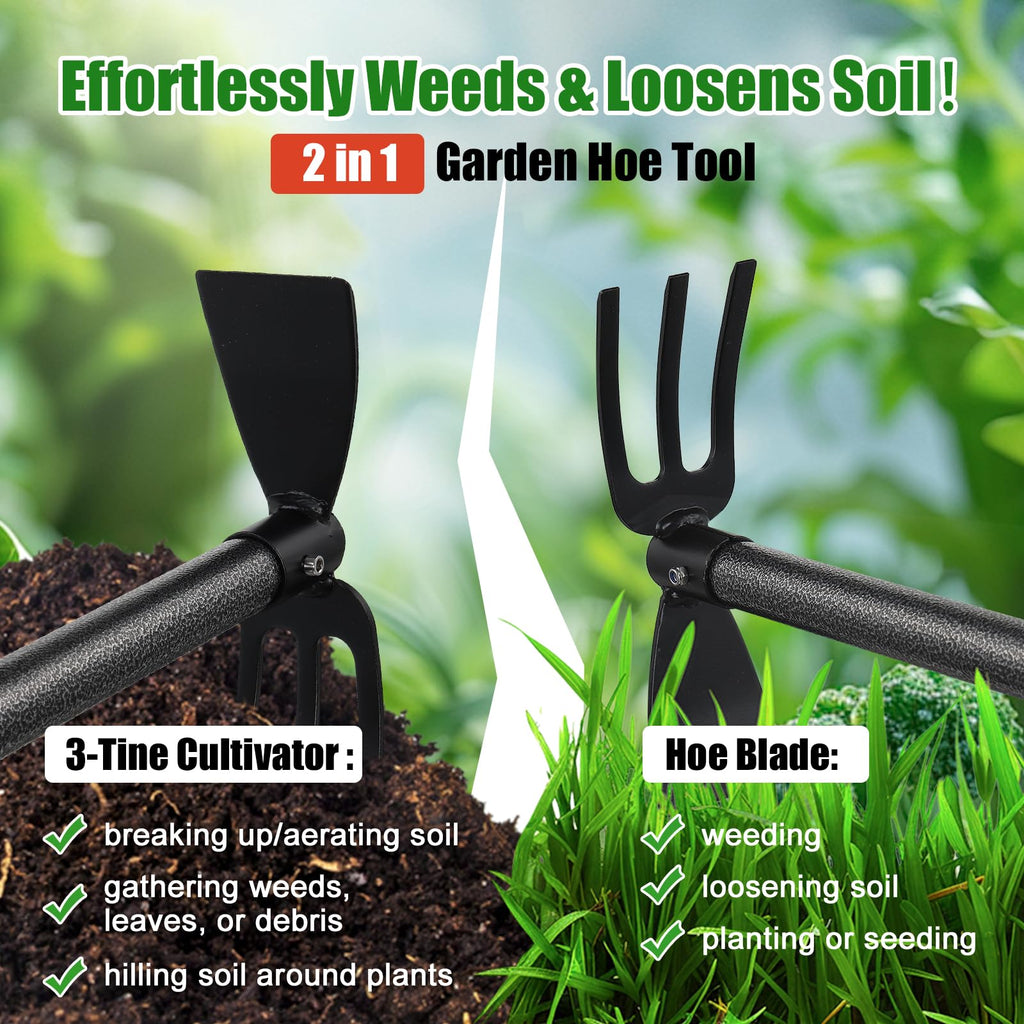 Garden Hoe with 3-Tine Cultivator Rake, 2-In-1 Carbon Steel Sharp Weeding Tool with 60 " Long Handle For Weed Removal, Soil Loosening, Planting,Cultivating In Raised Flower Beds,Vegetable Gardens