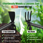 Garden Hoe with 3-Tine Cultivator Rake, 2-In-1 Carbon Steel Sharp Weeding Tool with 60 " Long Handle For Weed Removal, Soil Loosening, Planting,Cultivating In Raised Flower Beds,Vegetable Gardens