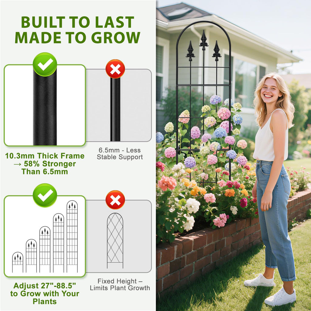LATIHUUM 2 Pack 57.8" H x13 W Garden Trellis for Climbing Plants Outdoor, Rustproof Arched Metal Rose Trellis for Outdoor Indoor Roses Clematis Potted Climbing Plants Vines Flowers Decorative, Black