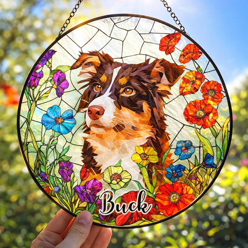 Fastpeace Personalized Stained Glass Pet Photo Suncatcher – Custom Pet Portrait Memorial Window Hanging with Flowers, Keepsake Valentines Gift for Dog Lovers, Cat Lovers, Family Home Decor