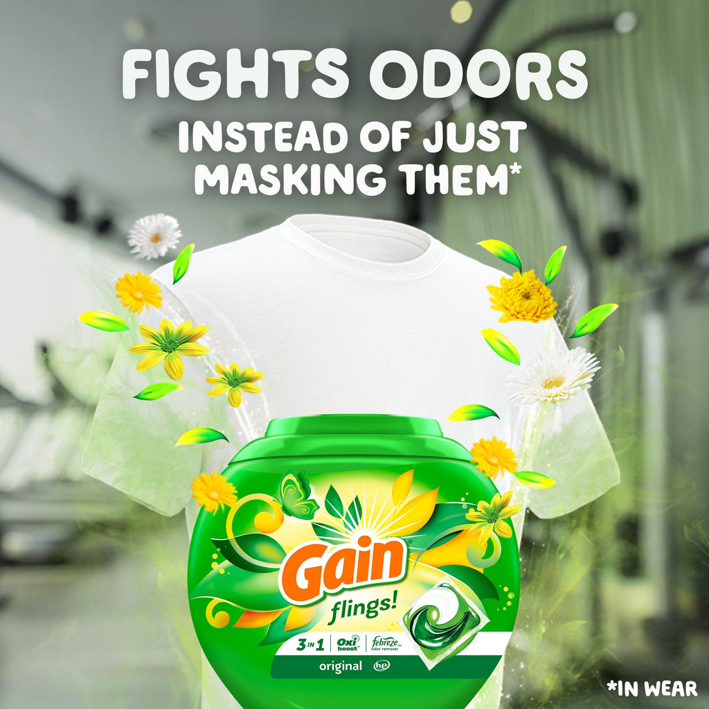 Gain Flings Laundry Detergent Pacs, 102 Count, Original Scent, with Odor Defense, concentrated laundry soap pacs