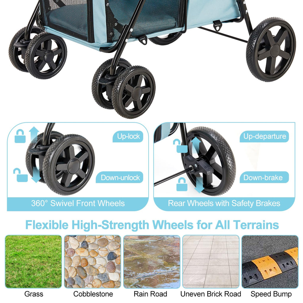 LPOTIUS Double Pet Stroller for Dogs and Cats with 2 Detachable Carrier, Quick-Folding Dog Stroller for Medium Small Dogs Cats, 4 Wheels, Light Blue