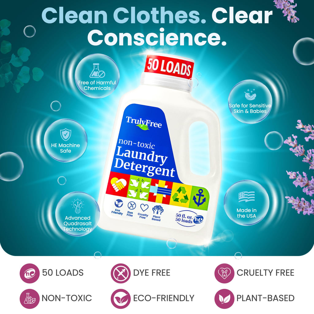Truly Free Natural Laundry Detergent for Sensitive Skin | Eco Friendly, Plant Based, Baby Clothes Safe | Clean & Easy Powder to Liquid, 1 Pack Detergent + 1 Refillable Jug | Signature Scent, 50 Loads