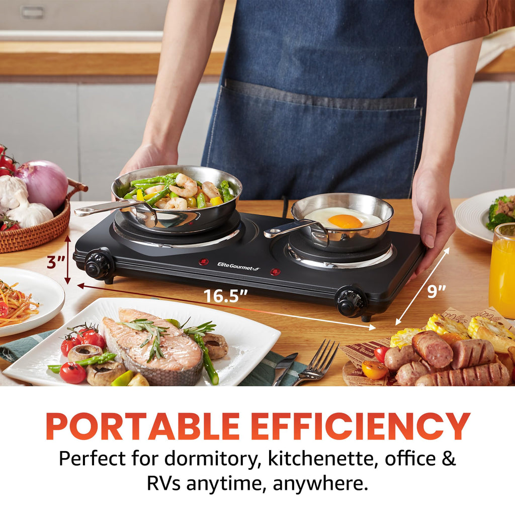 Elite Gourmet Double Cast Iron Burner, 1500W Hot Plate, Adjustable Temp