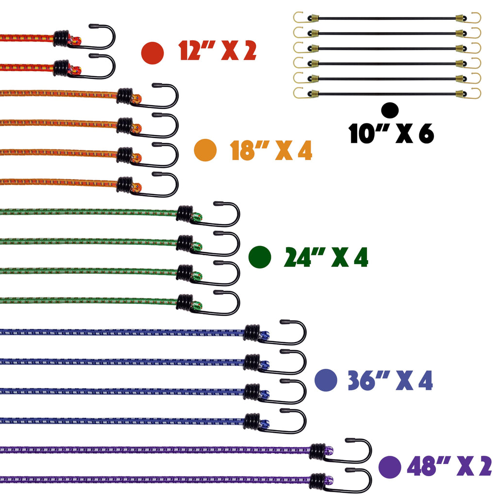 YELIER Bungee Cords with Hooks, Heavy Duty Assorted Set, 22PCS – 12", 18", 24", 36",48", Small Bungee Cords, Tent, Truck, Outdoor (22, 10" 12" 18" 24" 36" 48")