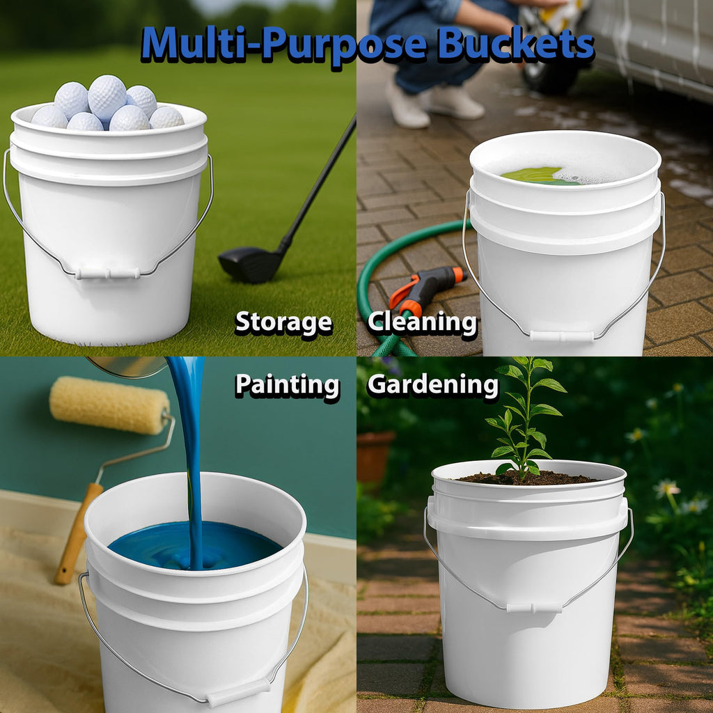 MKS Plastics 5-Gallon Bucket with Airtight Lid – Made in USA, Food Grade BPA Free Plastic, Heavy Duty Multi-Use, Metal Handle with Grip, Stackable Storage – White, 2 Pack